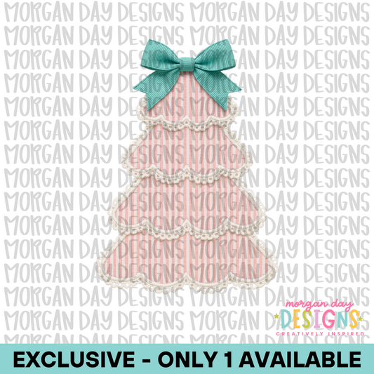 Exclusive Pink & White Seersucker Christmas Tree with Teal Bow – One Available