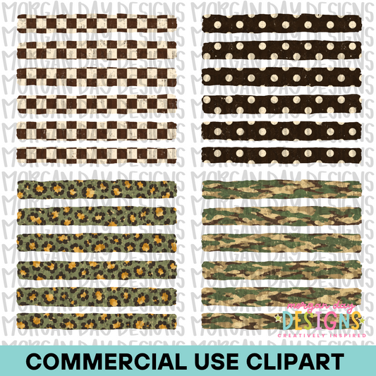 Camo + Checkered + Cheetah + Dots Striped Background Clipart